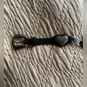 Black Leather Midi Belt with Silver Heart Accents